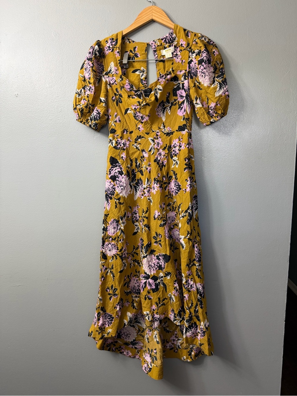 Anthropologie Maeve Floral Puff-Sleeve Midi Dress Gold Yellow-Size 2P